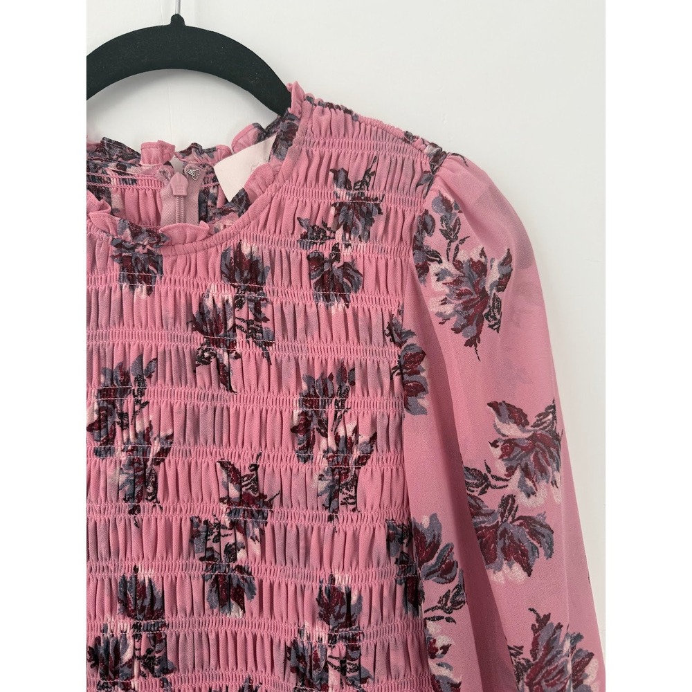 Cinq a Sept Pink Floral Smocked Chiffon Blouse - Picture 5 of 7